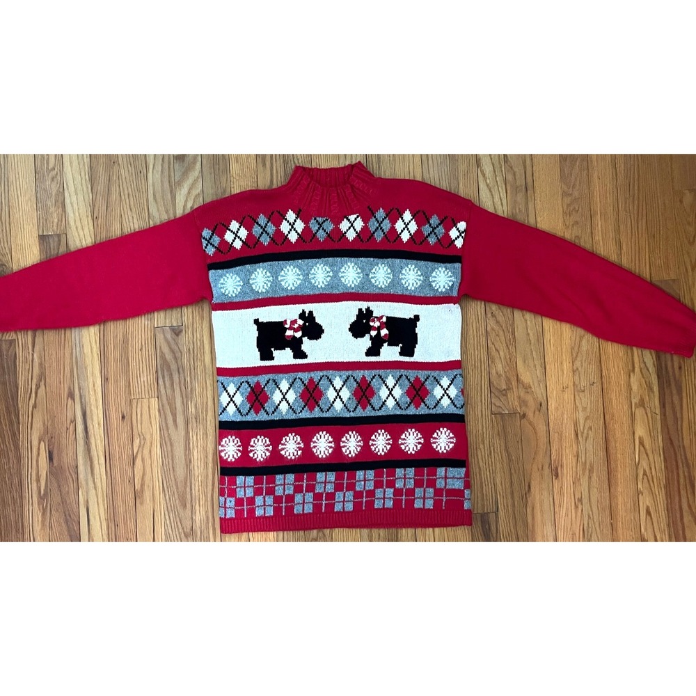 Vintage 1980s Karen Scott Scotty Dog Granny Chic Winter Turtleneck Sweater M